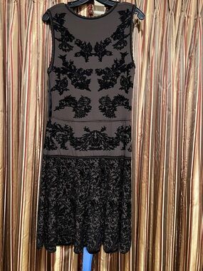 Zac Posen Black and Olive green Floral Applique Midi Dress